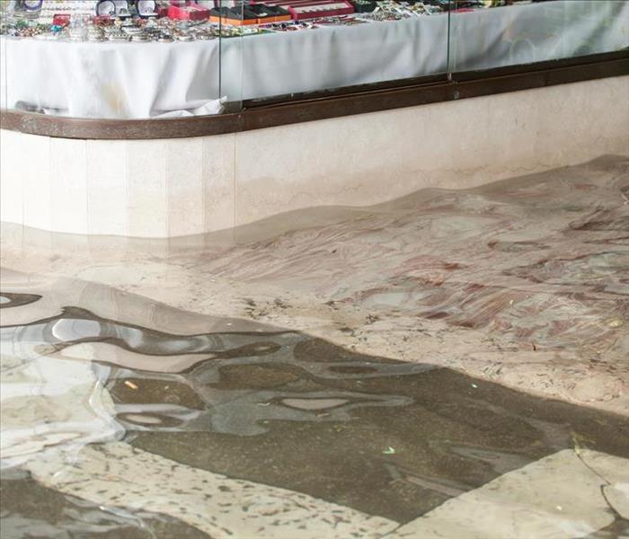 Image a business entrance flooding due to heavy rains during a storm