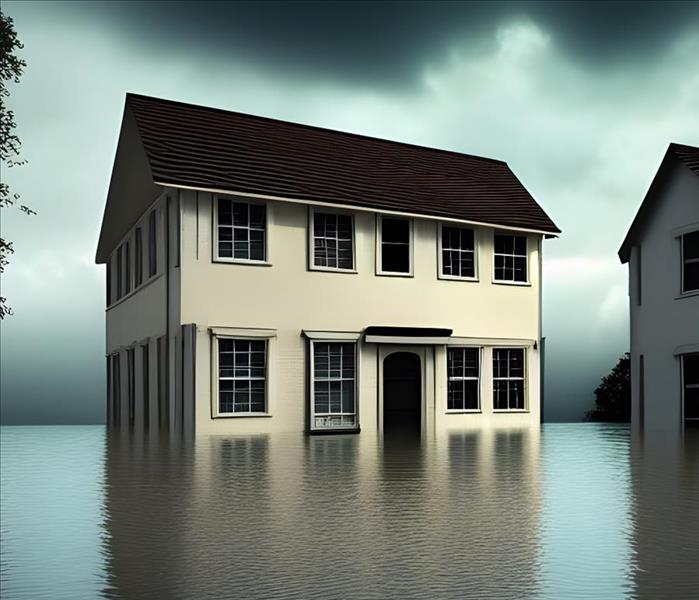 Water floods around a house. 