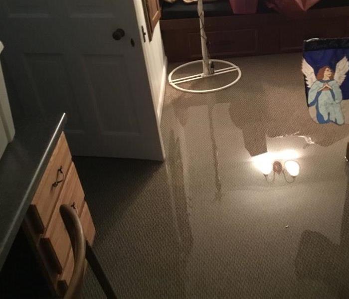 A toilet overflowed, causing water damage to a bathroom. 